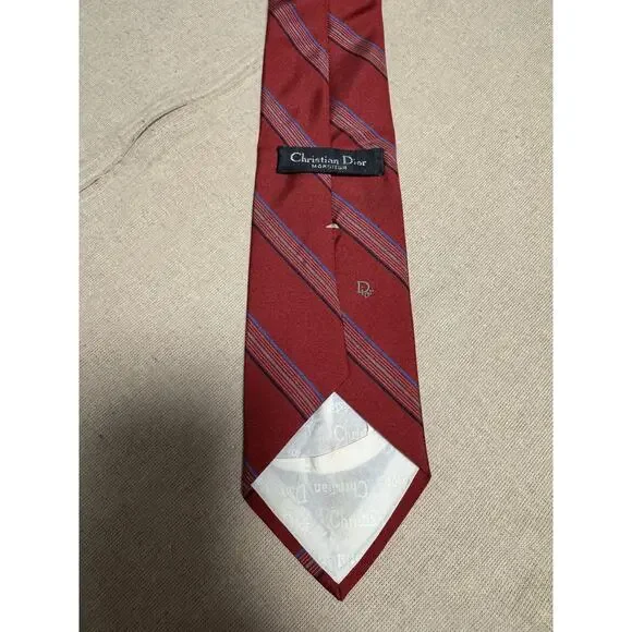 Vintage Christian Dior Tie Mens One Size Red Stripe Monsieur Logo Made USA 90s - Picture 6 of 9